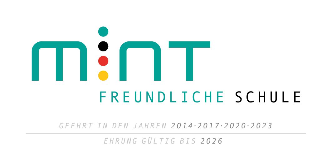 MINT‑freundliche Schule‑Logo mit vertikaler Punktreihe; geehrt 2014,2017,2020,2023, gültig bis 2026