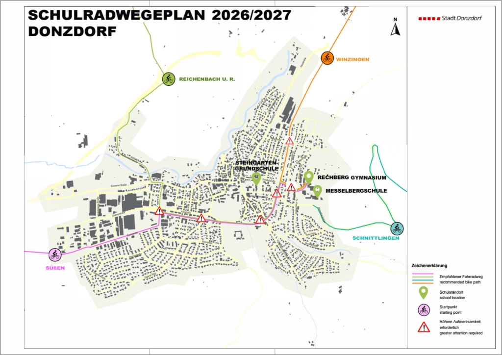 Donzdorf-Karte mit empfohlenen Schulradwegen, Startpunkten, Schulstandorten und Warnsymbolen (Schulradwegeplan 2026/2027)