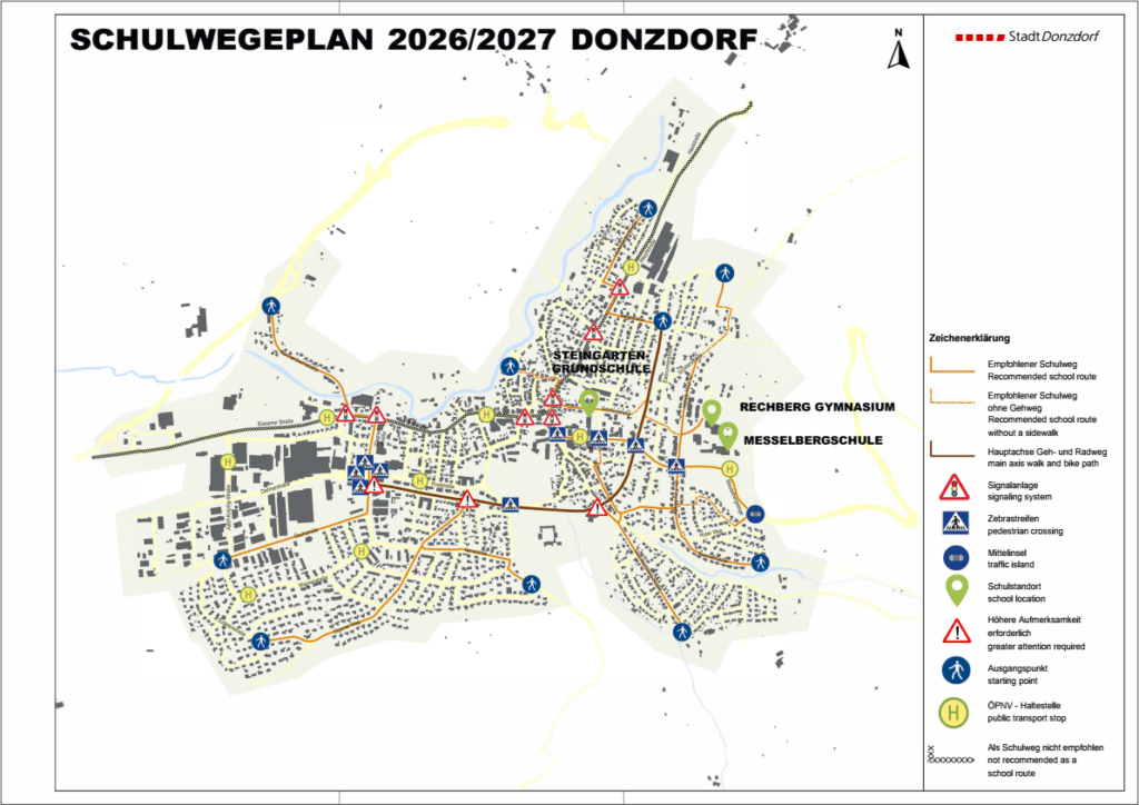 Karte: Schulwegeplan Donzdorf 2026/27 mit markierten Schulstandorten, empfohlenen Routen, Zebrastreifen, Haltestellen.