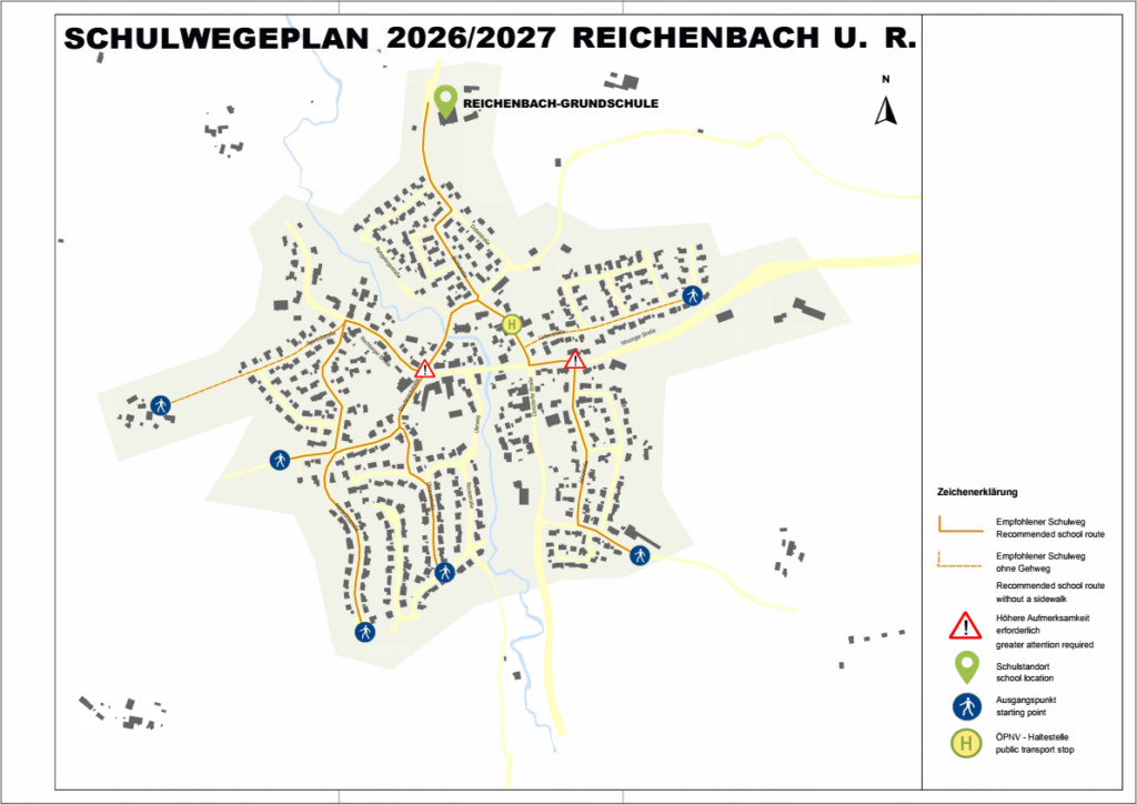 Schulwegeplan Reichenbach 2026/27: Karte mit orange markierten Schulwegen, Schulstandort, Startpunkten und Gefahrenstellen.