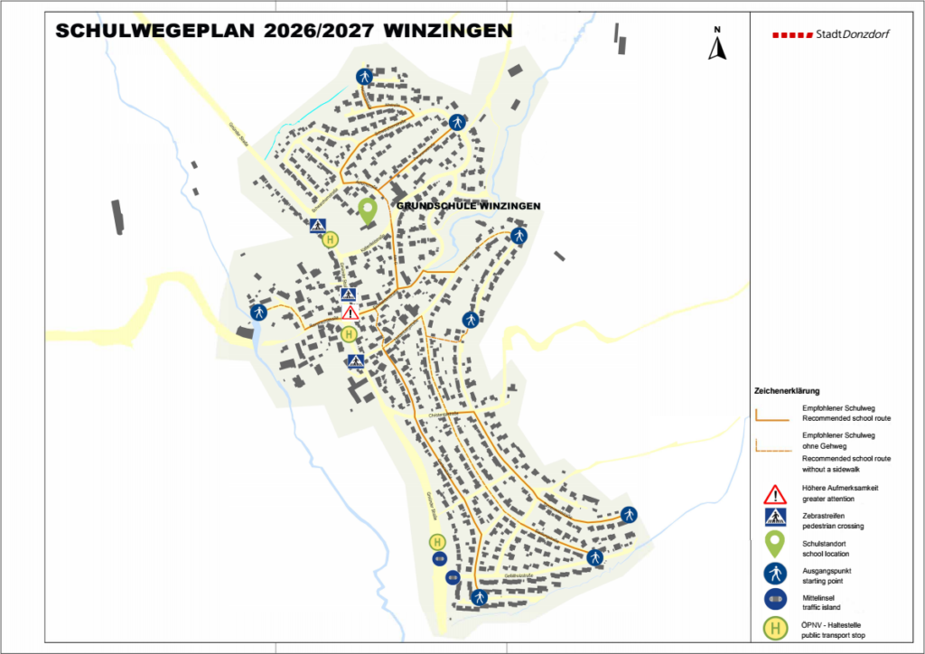Schulwegeplan Winzingen 2026/27: Karte mit Grundschule, empfohlenen Schulwegen, Zebrastreifen, Haltestellen und Warnsymbolen.