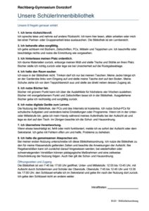 A4-Seite mit Titel Unsere SchülerInnenbibliothek und acht Regeln der Schülerbibliothek des Rechberg‑Gymnasiums Donzdorf