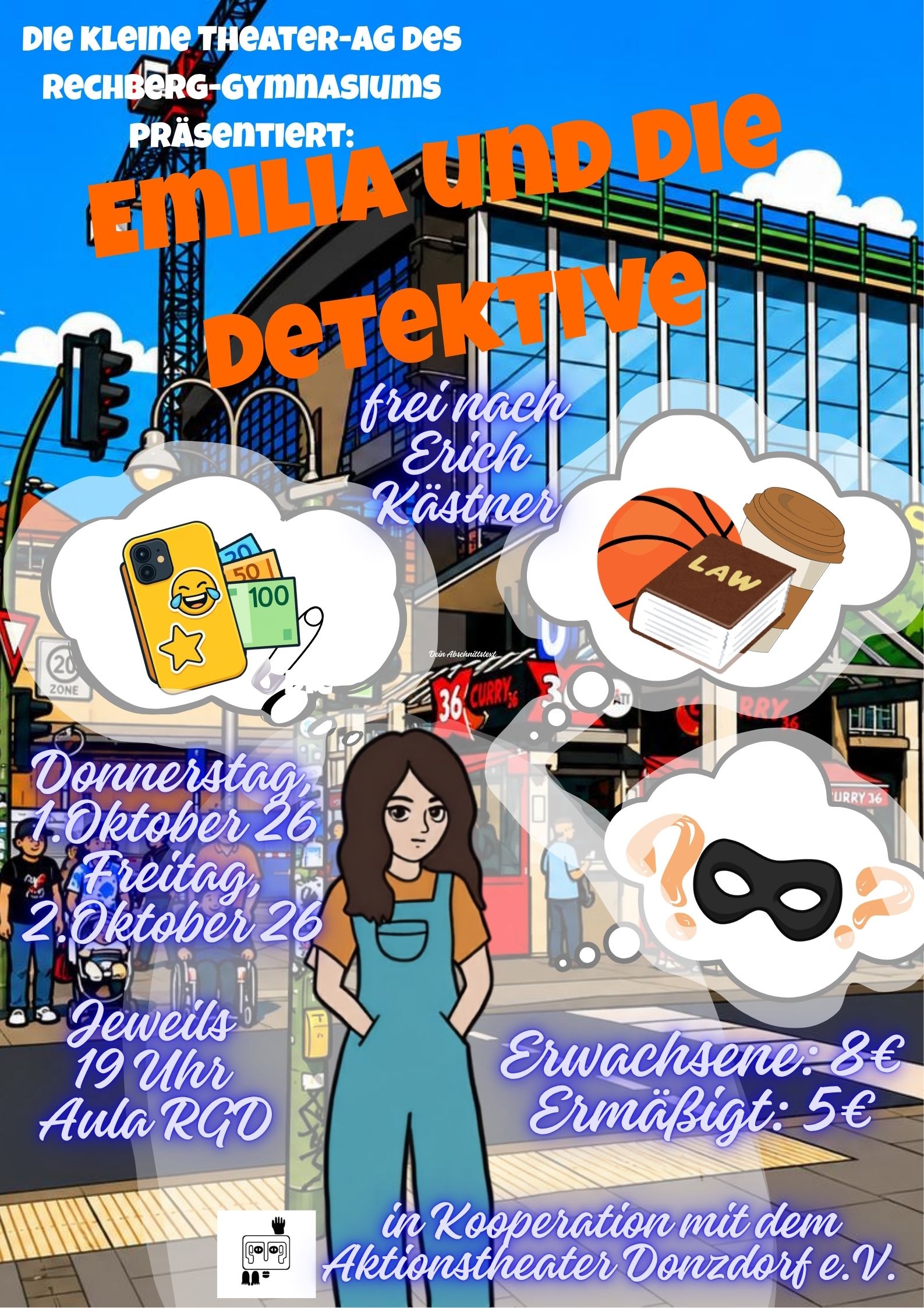 Poster: Cartoonmädchen vor Stadtkulisse, großer orangener Titel „Emilia und die Detektive“ und Gedankenblasen mit Symbolen.